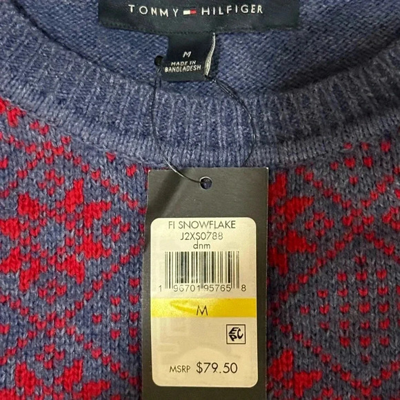 Tommy Hilfiger Blue w/Red Snowflakes and Red, White,Blue Striped Sleeves Sweater - Picture 5 of 6